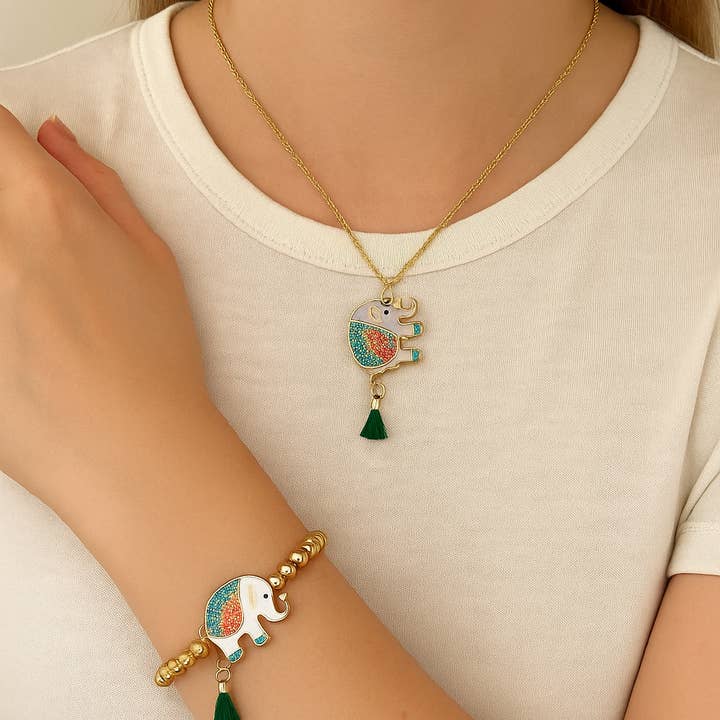 A&K Jewelry Collection - Wholesale Pendant/Charm Necklace - 18K Gold Plated Enamel Elephant with MC Ad Bracelet/Necklace3