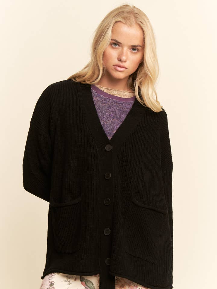 Black LONG OVERSIZED BUTTON-UP CARDIGAN RIBBED TEXTURE for wholesale on Faire0