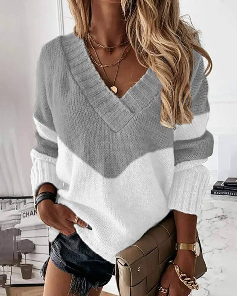 Fashion Combination - Vente Pull en maille – femme - pull en tricot à manches longues et col en V colorblock1