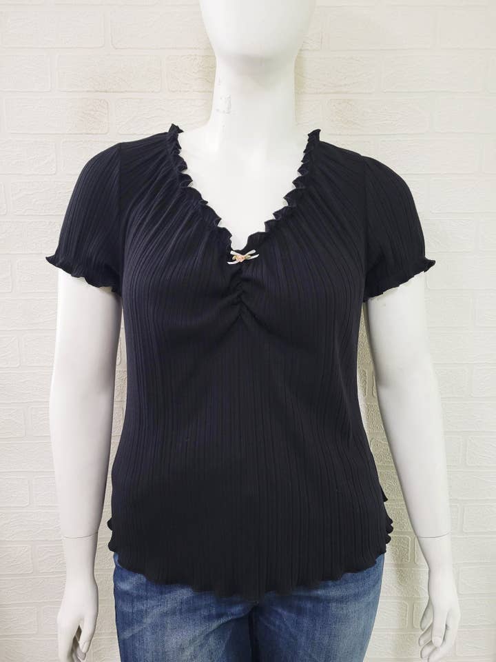 Haute Fox Plus Size & Contemporary - Vente Chemisier – femme - Top côtelé en tricot panaché à ourlet bouclé SS grande taille JK18758-T