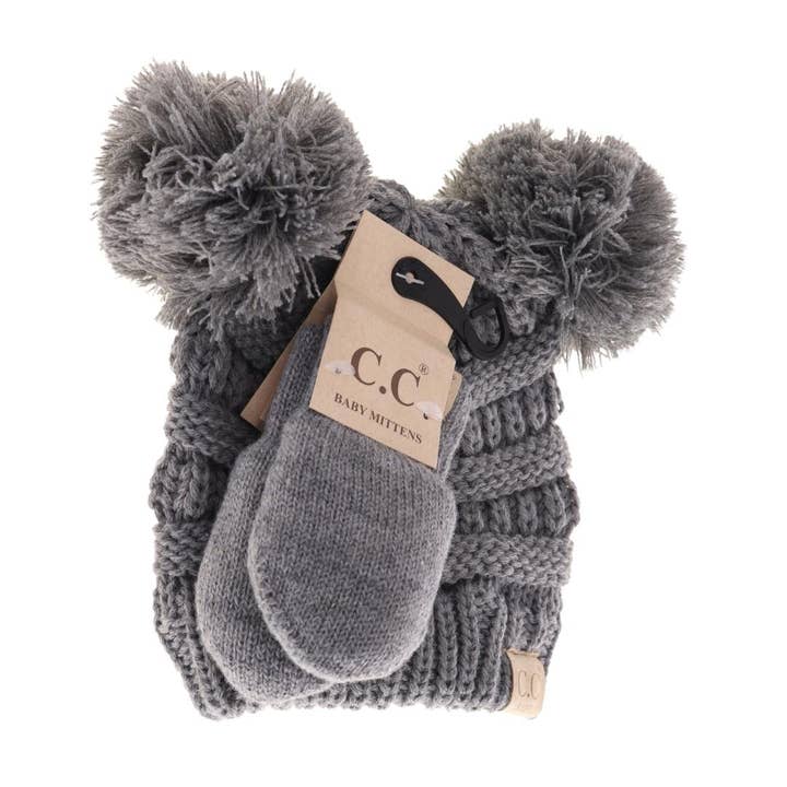 C.C Beanie - Wholesale Beanie - Kids - BABY Solid Knit Double Pom C.C Beanie with Mitten SET BABYSE