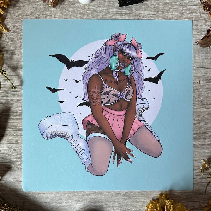 Vampire Pin-Up Art Print - 8"x8" for wholesale by Rainbow Coven Designs