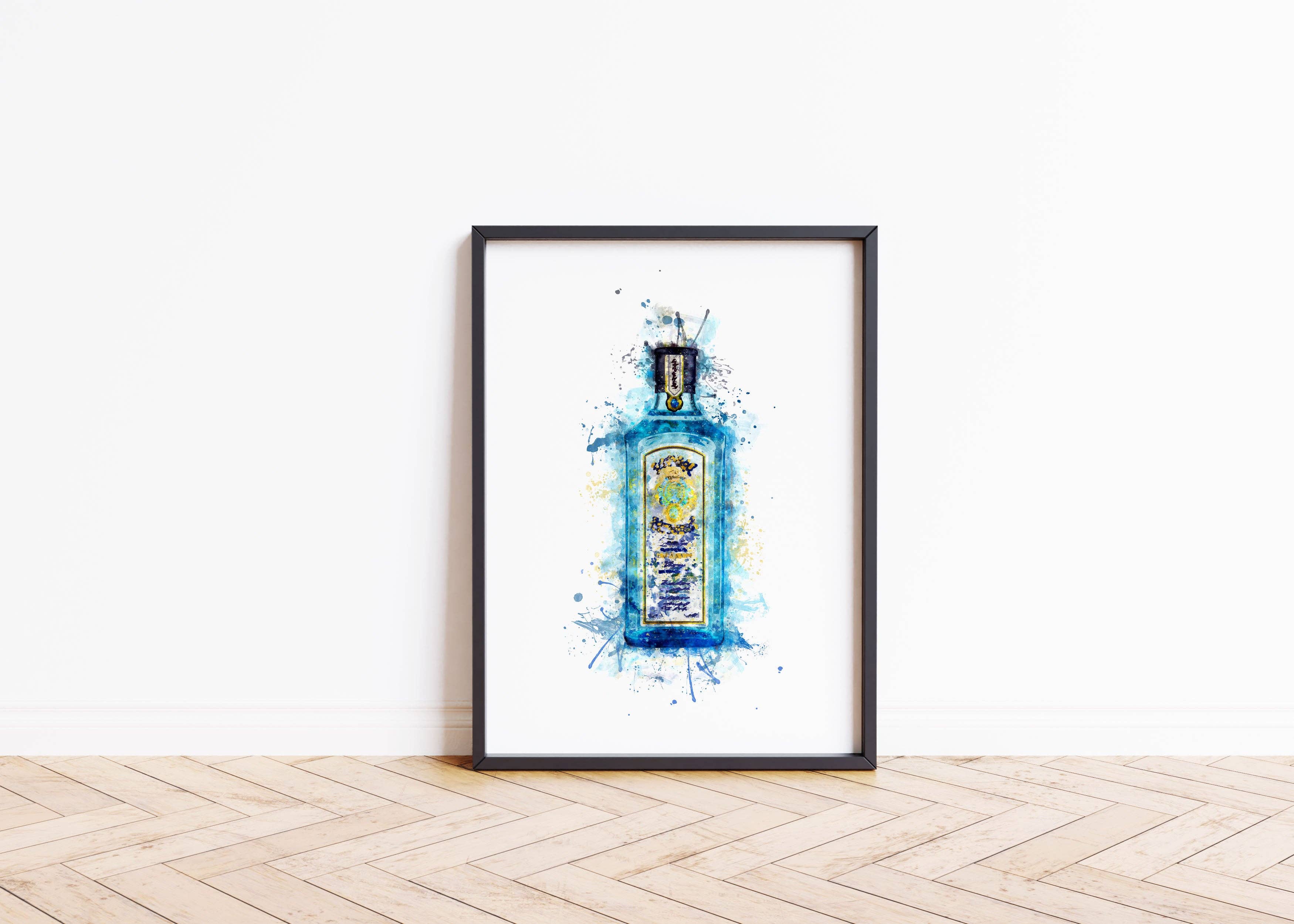 House of Binky – wholesale Art print – Watercolour Blue Gin Bottle Paint Splash Print2