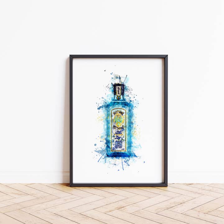 House of Binky - Wholesale Art Print - Watercolour Blue Gin Bottle Paint Splash Print2