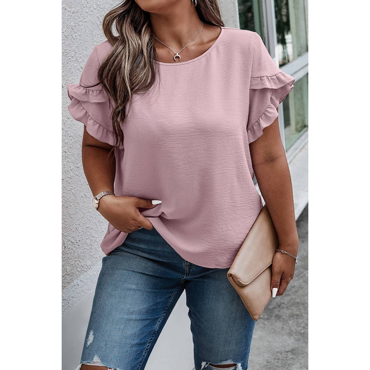 Elings - Wholesale Blouse - Women's - Plus Size Round Neck Ruffle Solid Loose Shirt6