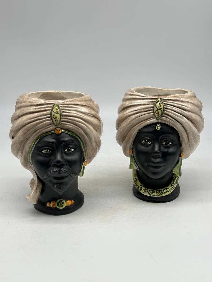 END OF SERIES - Pair of Moor's Heads Atena MINI Caltagirone Ceramic H.15 cm L.11 cm Handmade Ecru Matte Green for wholesale by DD Ceramiche Siciliane