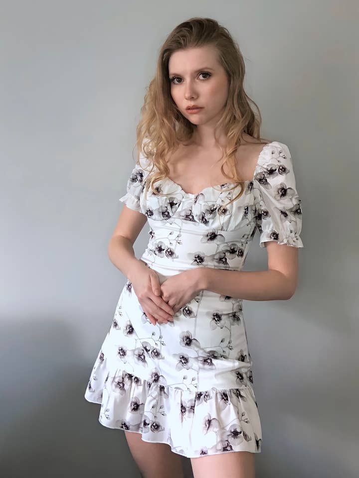 White Floral Printed Dress And Short Puff Sleeves for wholesale by Cities Of Angels