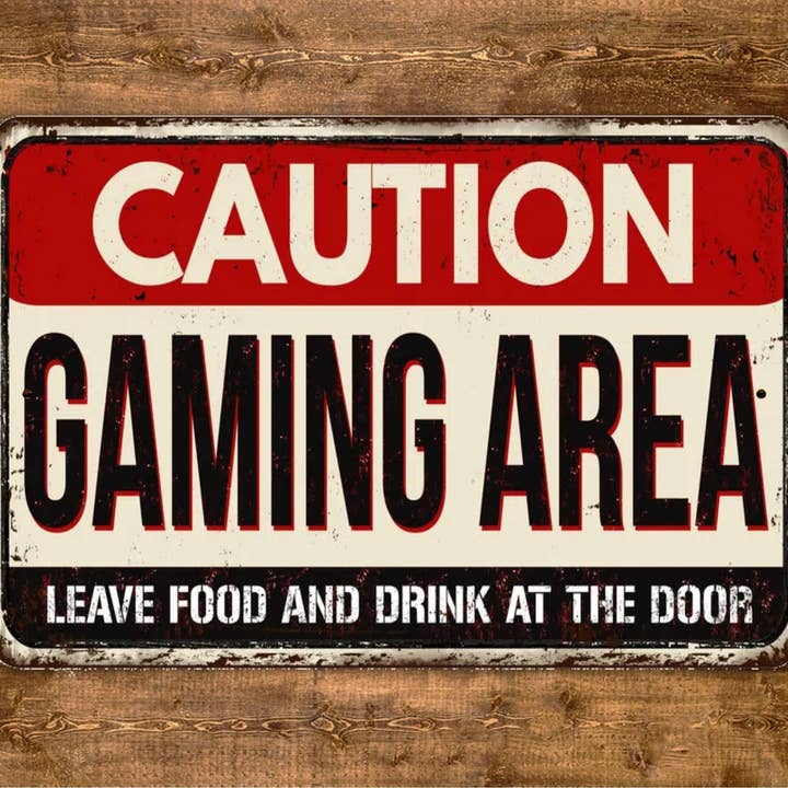 Varning Spelområde Lämna mat och dryck vid dörren Skylt Vintage Style för wholesale av Game Time Prints