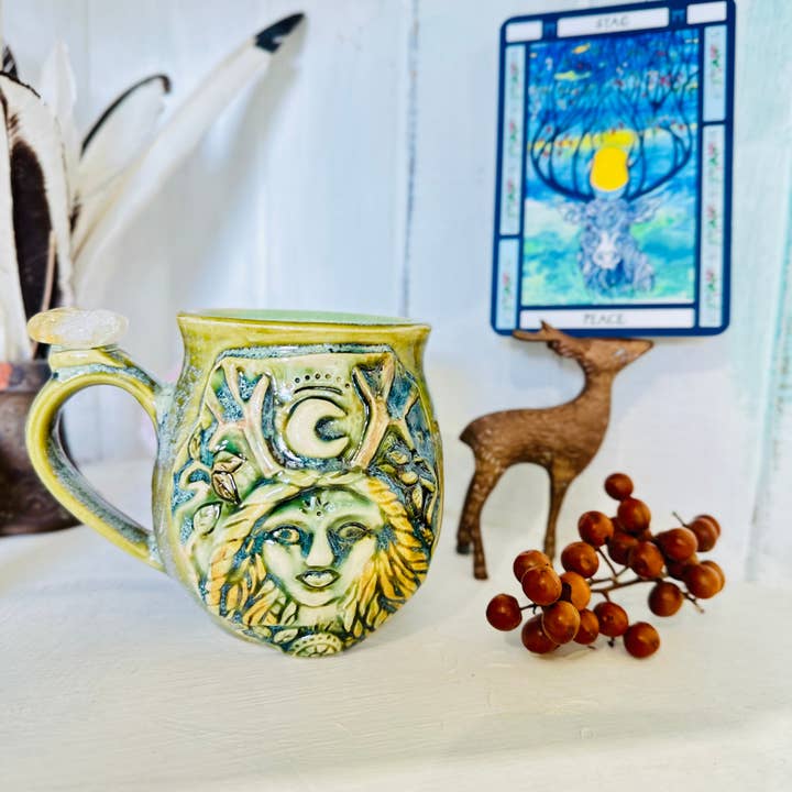 Carys Martin Ceramics - Wholesale Coffee Mug - The Antlered Goddess, Elen of the Ways - Citrine Crystal Mug