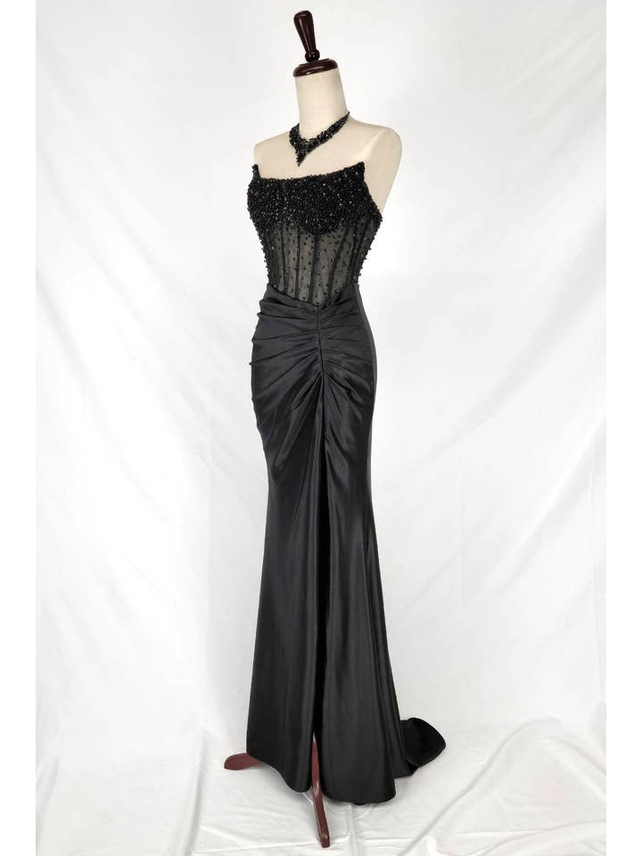 Chicas - Vente Robe de soirée – femme - Robe bustier en satin avec corset à perles et sequins C8318