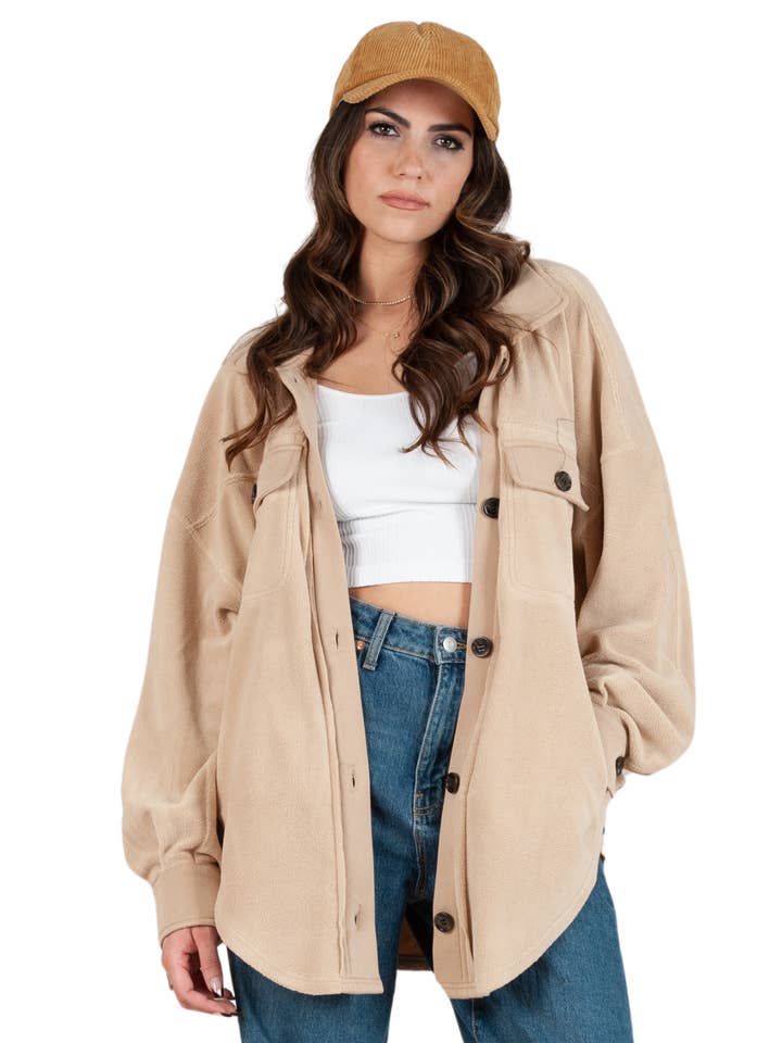 Women's Fleece Button Down Top Shackets for wholesale by Lucca Couture