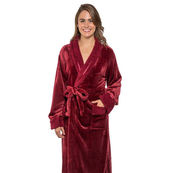 Robe feminina em fleece com acabamento de cetim e textura waffle por atacado de Pavilia