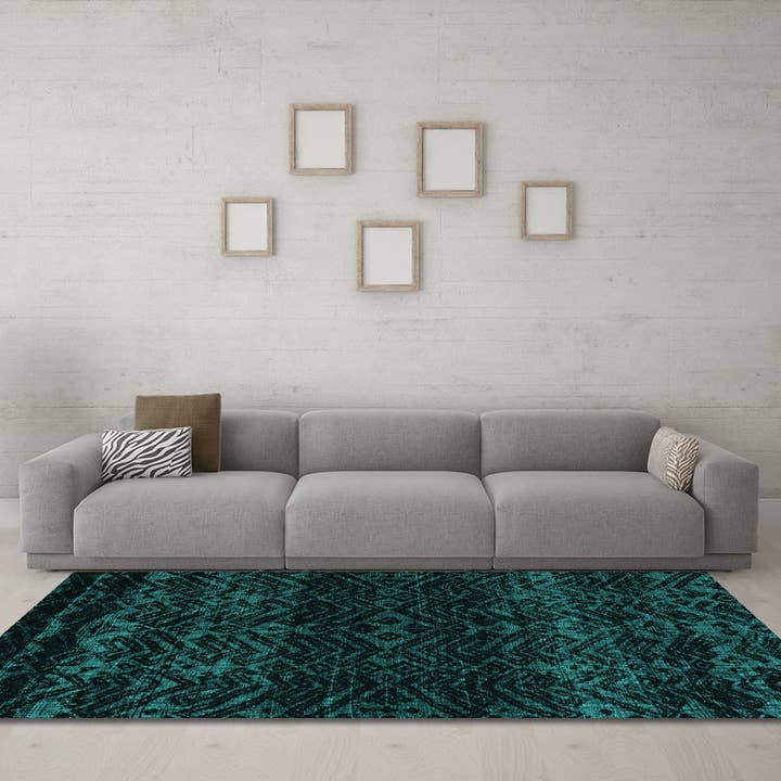 Tapis moderne de couleur turquoise abstraite lavable en machine pour la vente par Ahgly