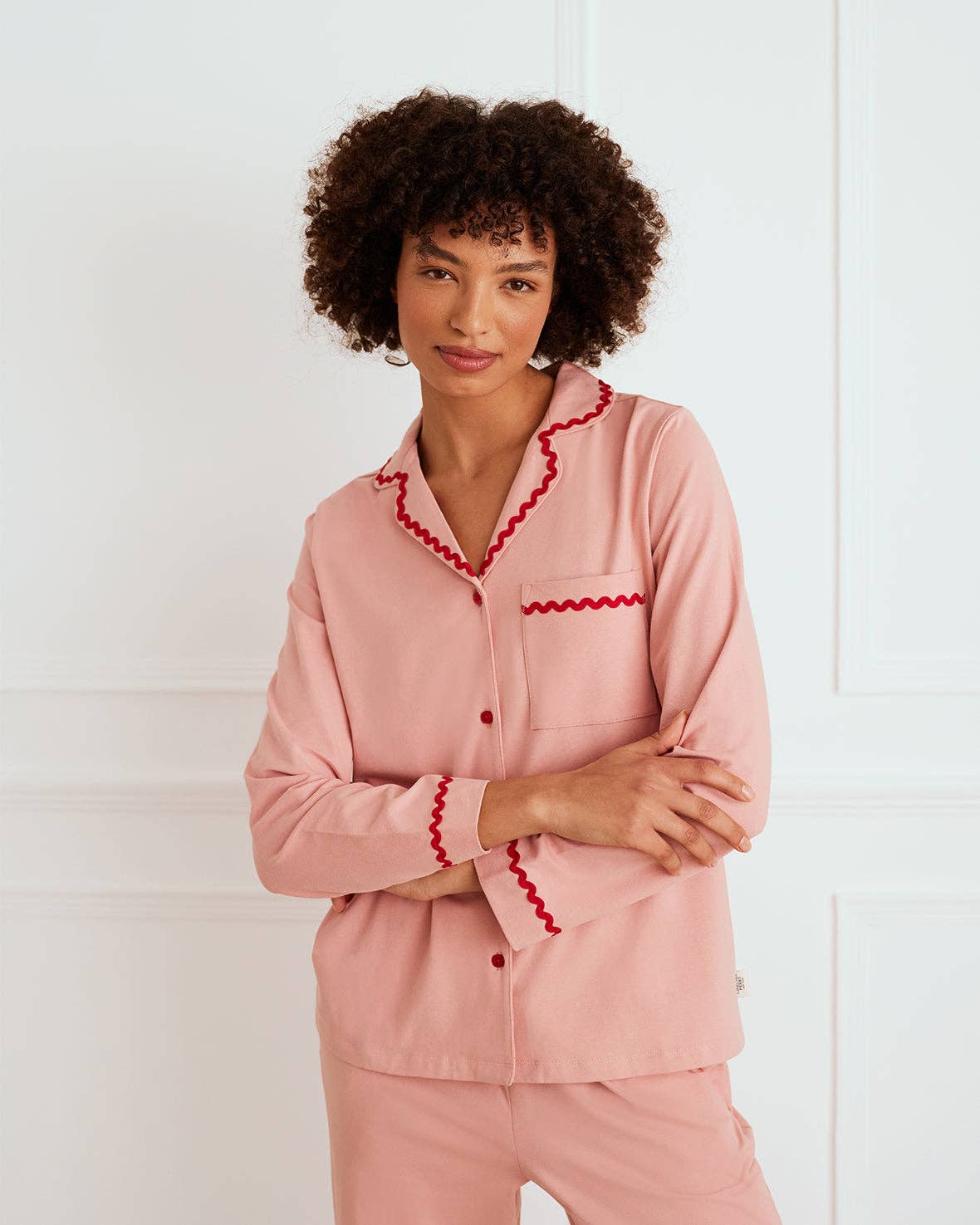 Pink Organic Cotton Embroidered Back Good Morning Long Pyjama Set for wholesale on Faire4