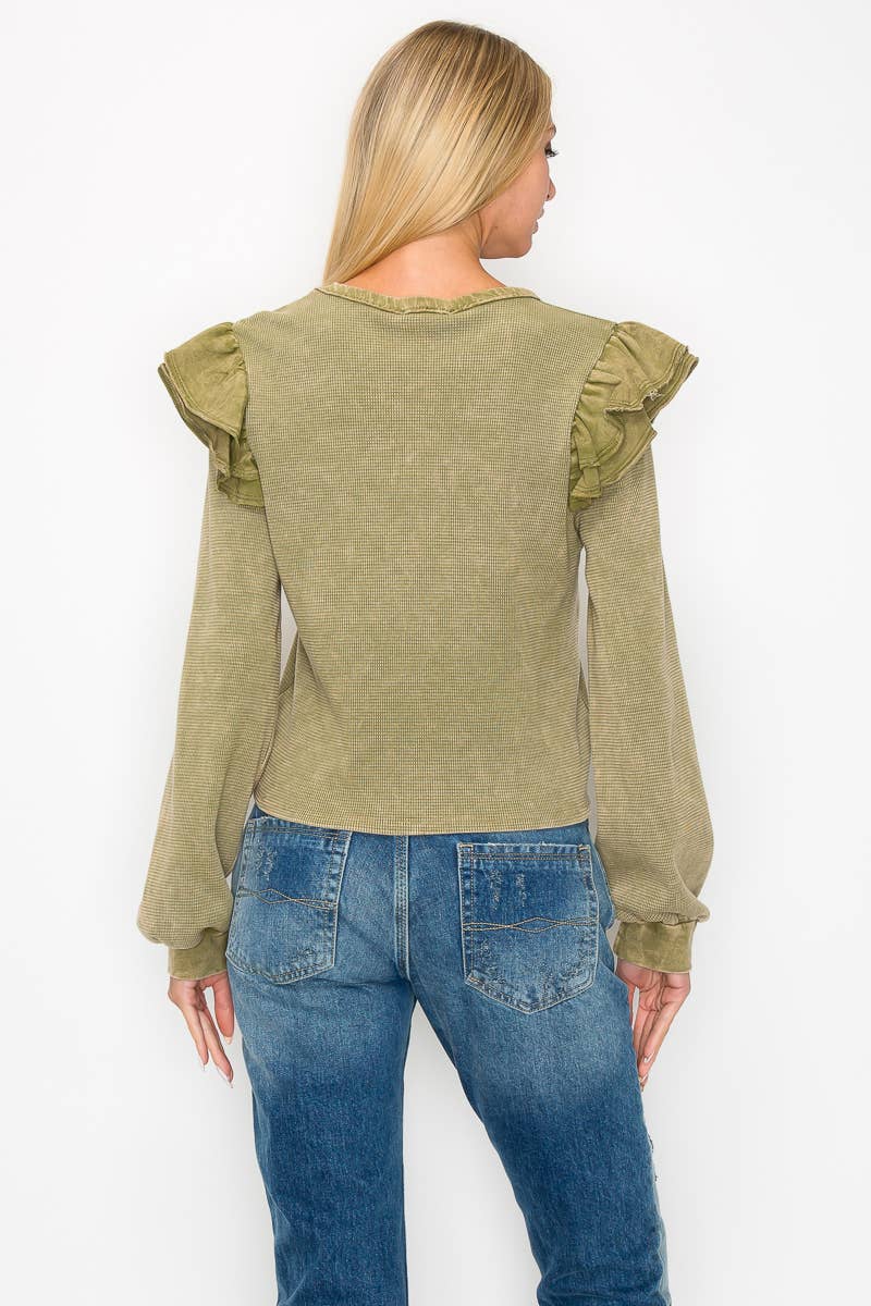 J.Her - Wholesale Blouse - Women's - Mineral Wash Ruffle shoulder top HT50452