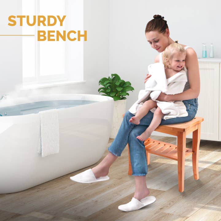 Bambusi - Wholesale Bath caddy - Deluxe Bamboo Shower Seat Bench with Storage Shelf4