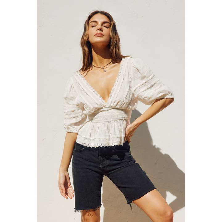 Dress Forum - Wholesale Blouse - Women's - Lacy Cotton Jacquard Smocked Waist Peplum Top