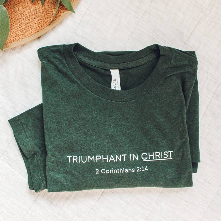 Common Grace Print Shop - Wholesale Screen Printed T-Shirt - Women's - Triumphant in Christ UNISEX Short-Sleeve T-Shirt (Color: Heathered Emerald)2
