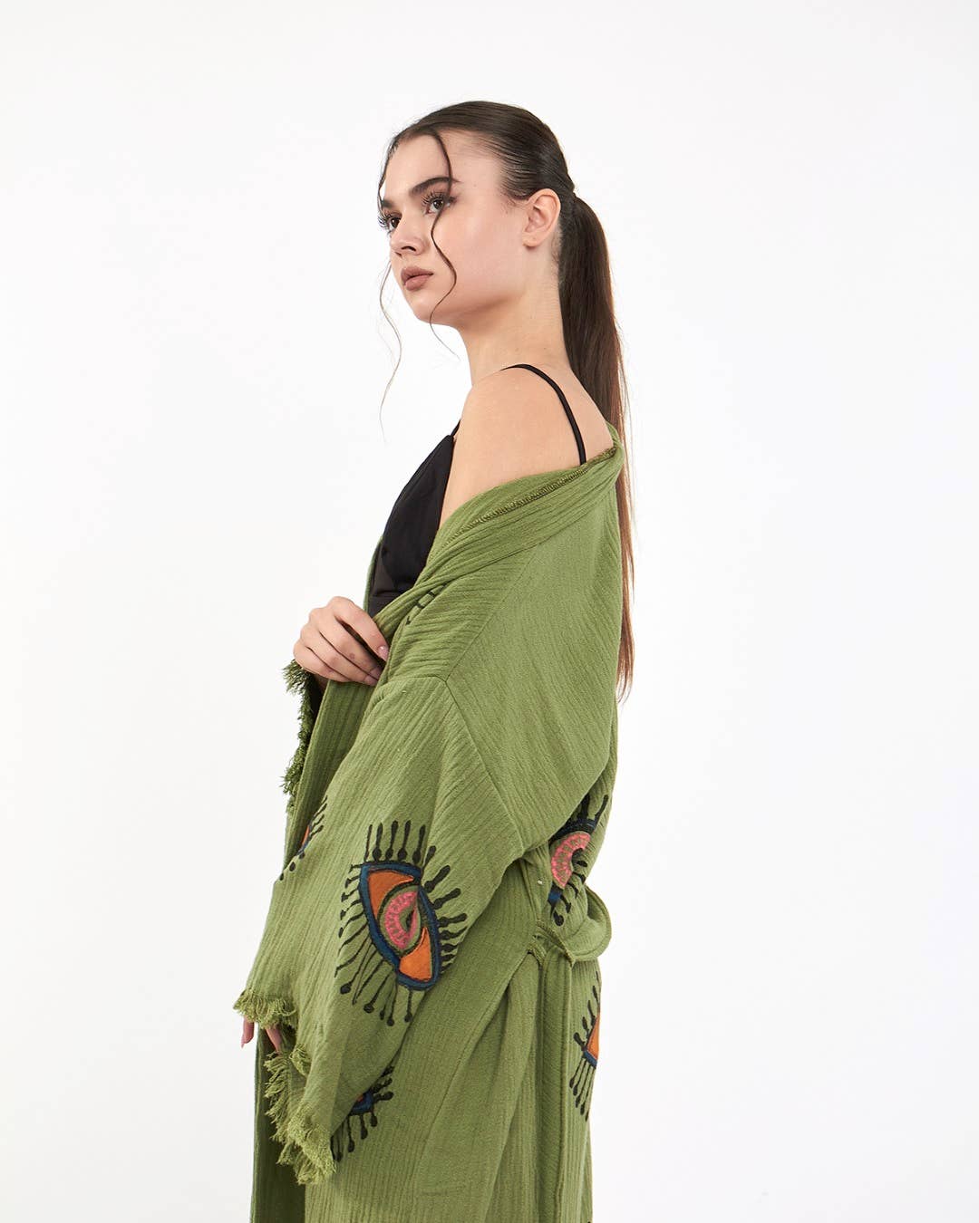 Yaz Concepts - Wholesale Kimono - Women's - Turkish Evil Eye Print Olive Green Robe Festival Kimono Gown7