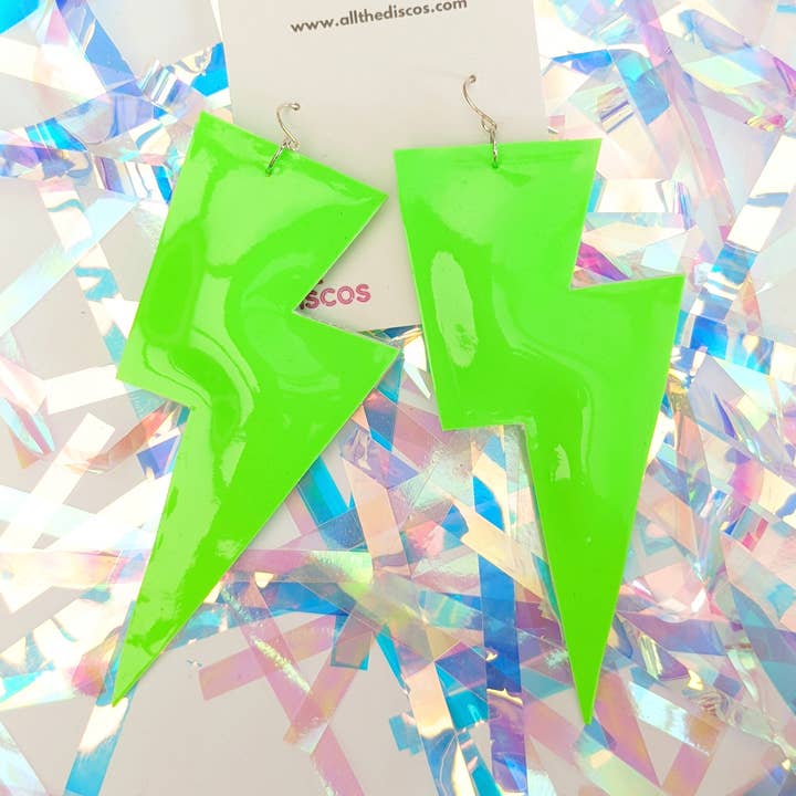 Large Neon Patent Green Lightning Bolt Dangle Earrings for wholesale by All The Discos