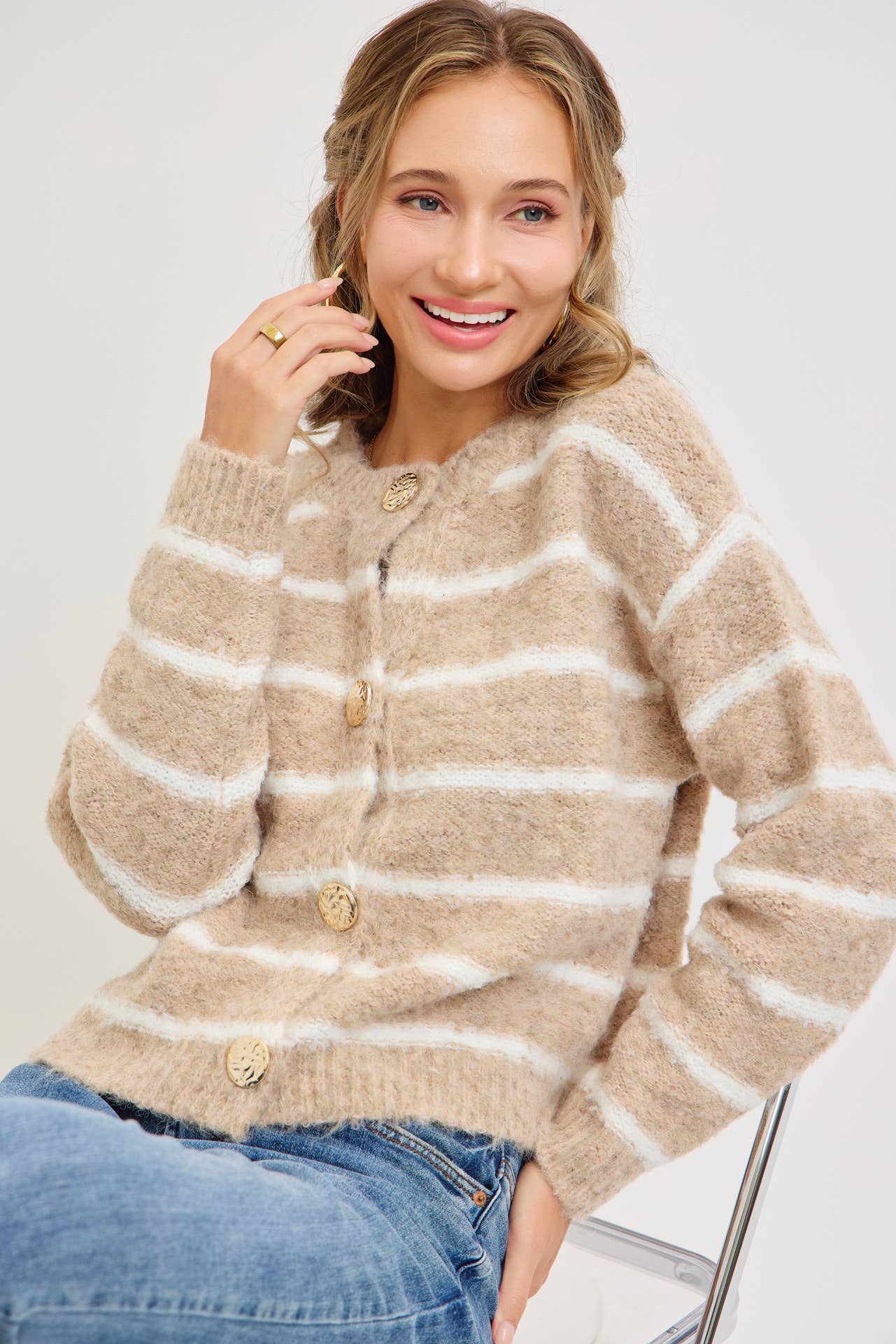 TAUPE COZY STRIPED BUTTON UP KNIT CARDIGAN for wholesale on Faire15