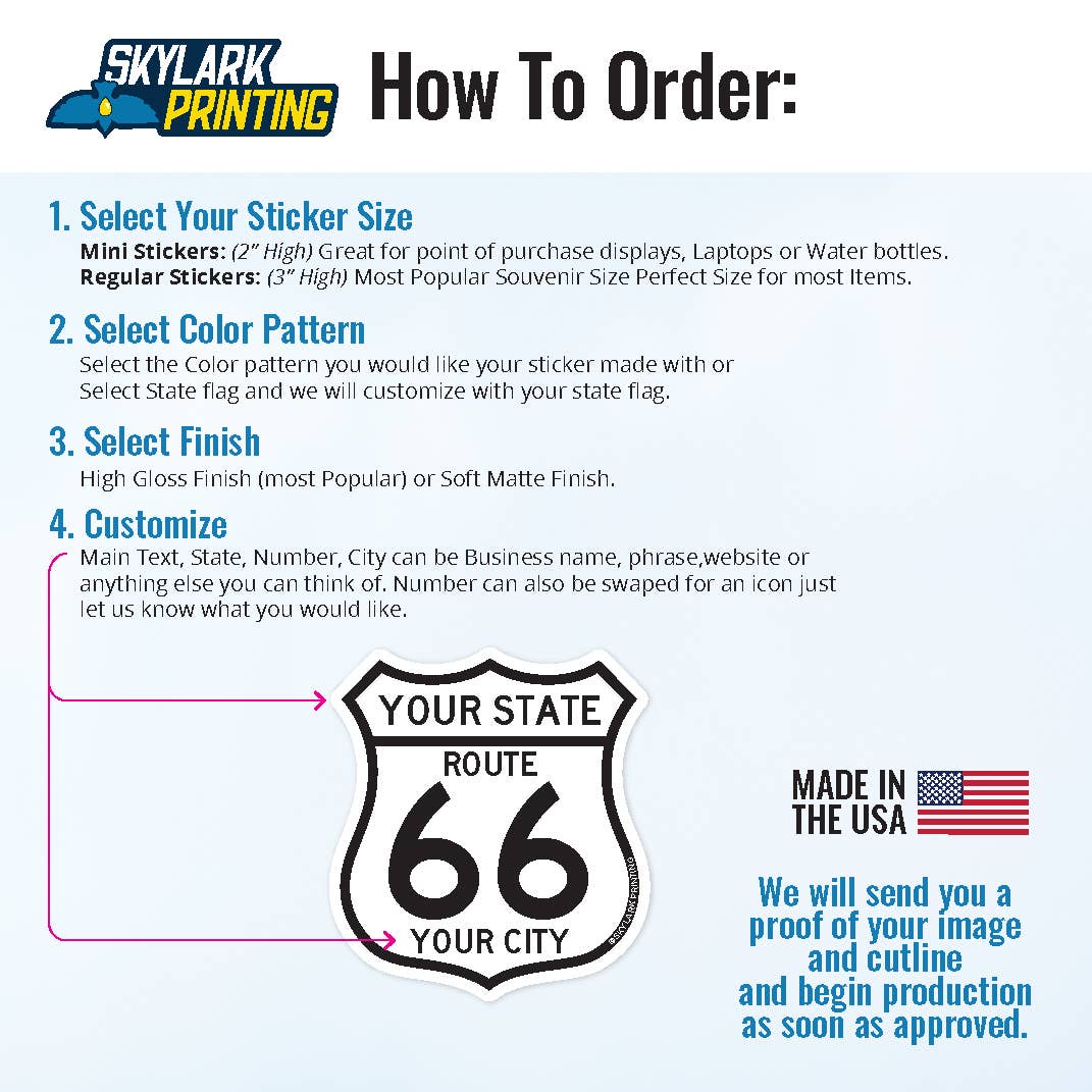 Skylark Printing - Wholesale Sticker - Custom Route  66 Souvenir Sticker  with Your City or State2