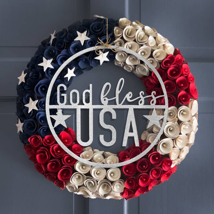 Decor Steals - Minimalist Summer Greetings - Patriotic or Summer Metal Sign for Front Door Wreath for wholesale by Rusted Orange Craftworks Co.