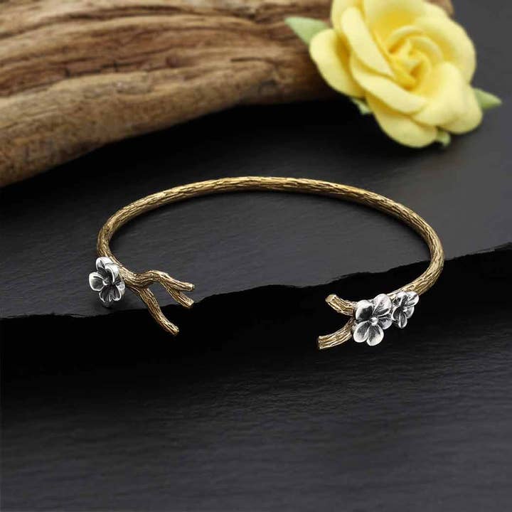 Bronze Branch Bracelet with Silver Blossoms 52x62mm for wholesale by Nina Designs