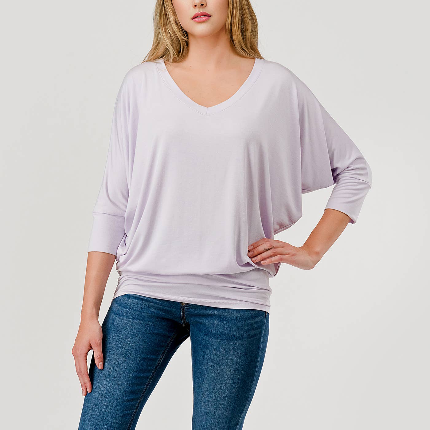 Heimious - Wholesale Knit Top - Women's - 3/4 Dolman Sleeve V-neck Modal Jersey Top, 257378