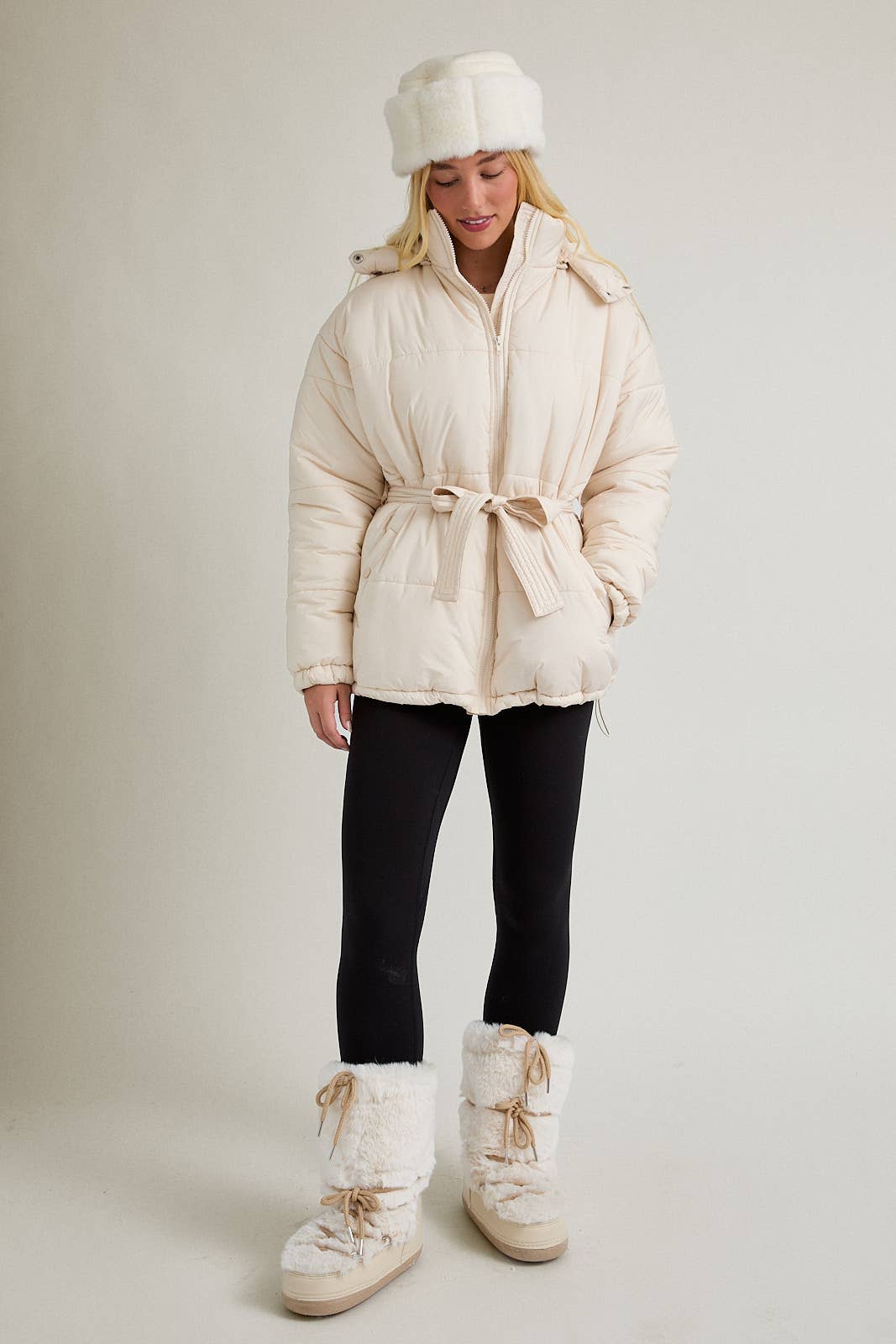 CREAM MID LENGTH PUFFER JACKET WITH REMOVABLE HOOD for wholesale on Faire3