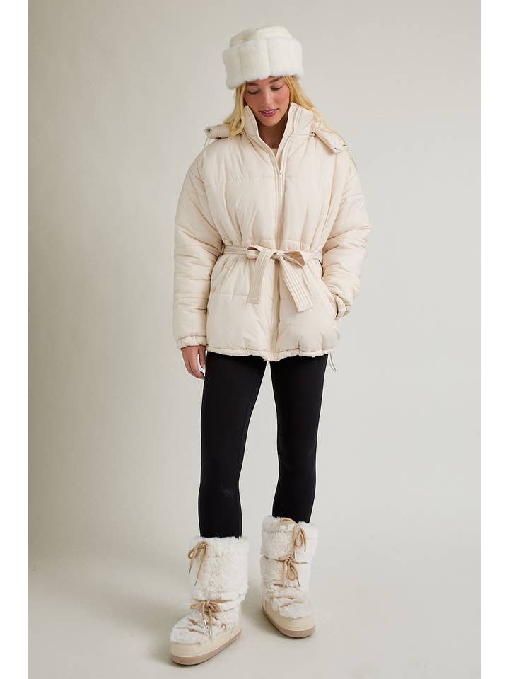 CREAM MID LENGTH PUFFER JACKET WITH REMOVABLE HOOD for wholesale on Faire3