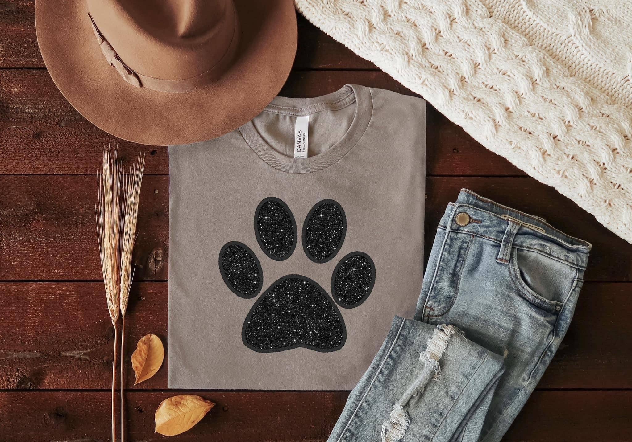 Simple Tymes - Wholesale Sublimation Transfer - Faux Embroidery Black Glitter Paw DTF Print