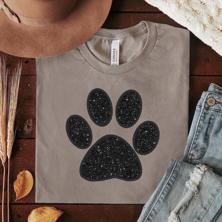 Simple Tymes - Wholesale Sublimation Transfer - Faux Embroidery Black Glitter Paw DTF Print0