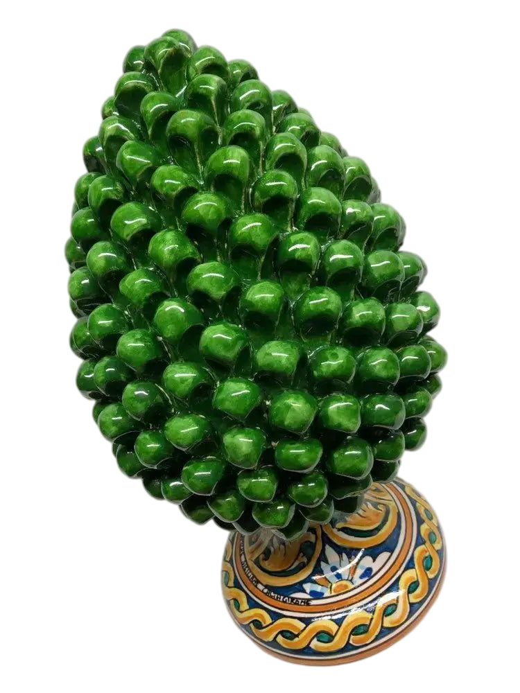 DD Ceramiche Siciliane - Vendita all'ingrosso Decorazione natalizia - Pigna Ceramica Caltagirone cm H.35 Artigianale Verde Prato Base Decorata1