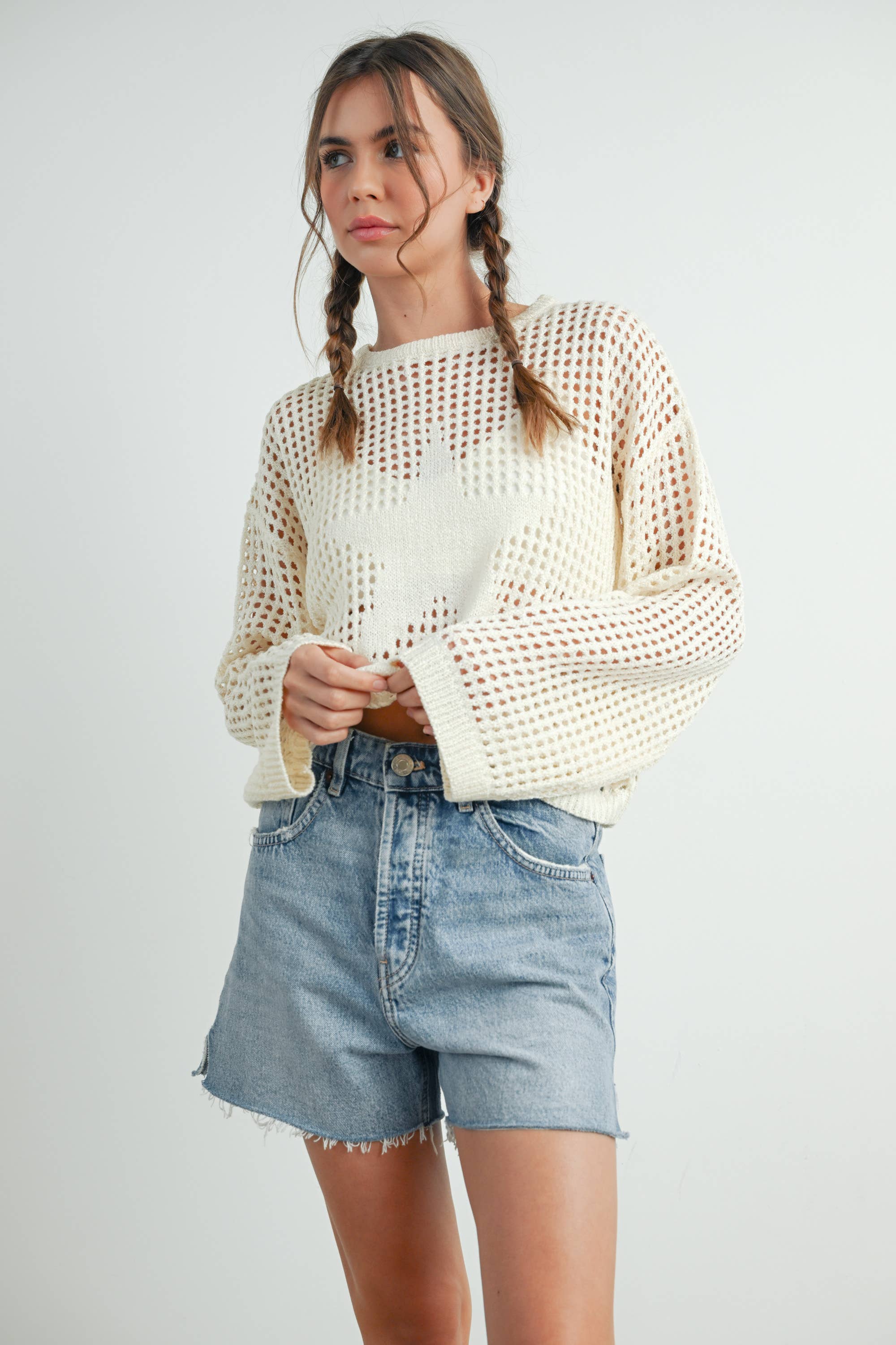 BUTTERMELON - Wholesale Knit Sweater - Women's - Crew Neck Crochet Sweater - BMW763327