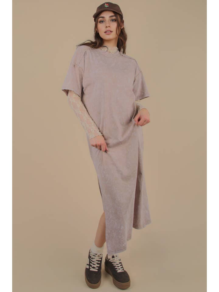 VERY J - Wholesale Dress - Women's - ND31601-Mineral Washed Casual Comfy Midi Dress