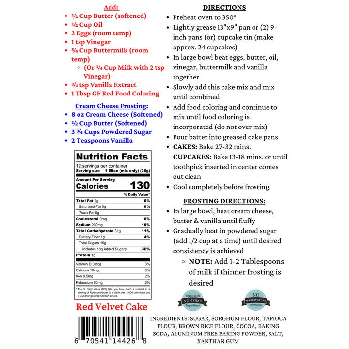 Mom's Place Gluten Free - Wholesale Cake Mix - Gluten-Free Red Velvet Cake Mix