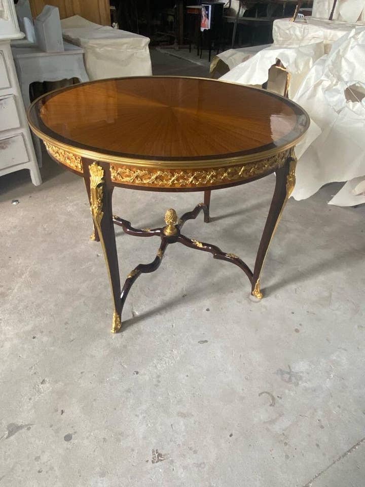 One of a kind French Marquetry Accent Round Table With gilded Bronze Mounts, Louis XVI Style-Out Of Stock -Made to order for wholesale by MALuxury Furniture