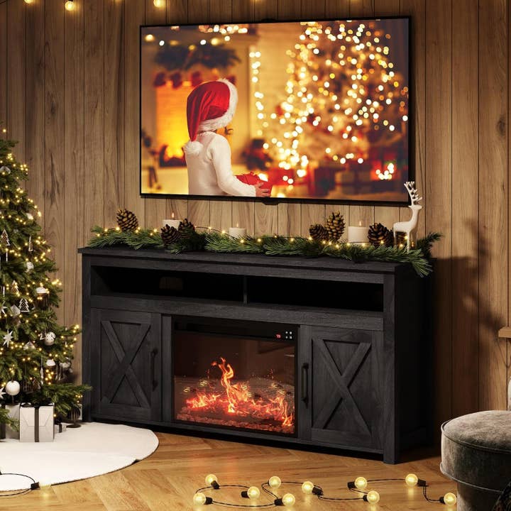 58 Inch Farmhouse TV Stand With Electric Fireplace Grey for wholesale on Faire7
