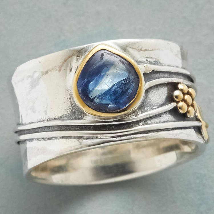 Boho Blue Teardrop Gemstone Two - Tone Flower Ring for wholesale on Faire0