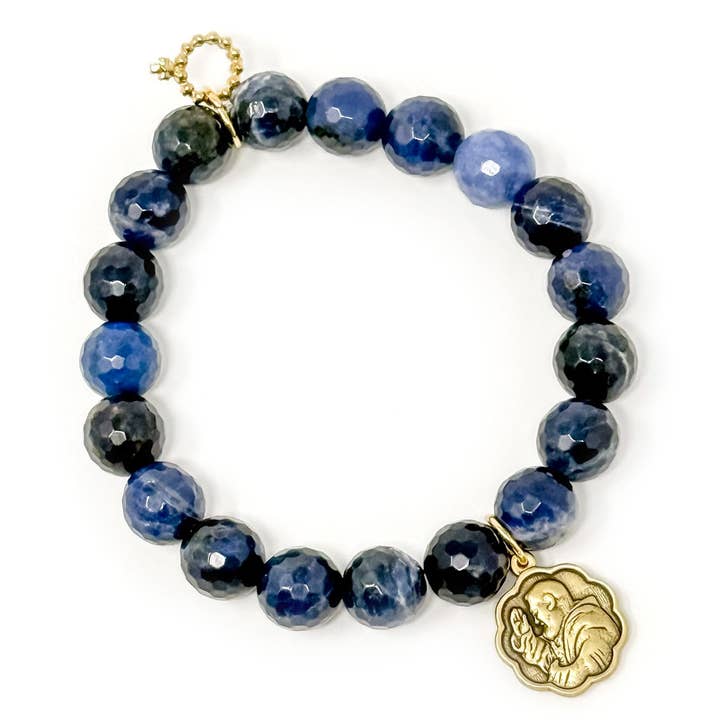 10mm Faceted Dumortierite with Scalloped St. Padre Pio for wholesale by PowerBeads by jen