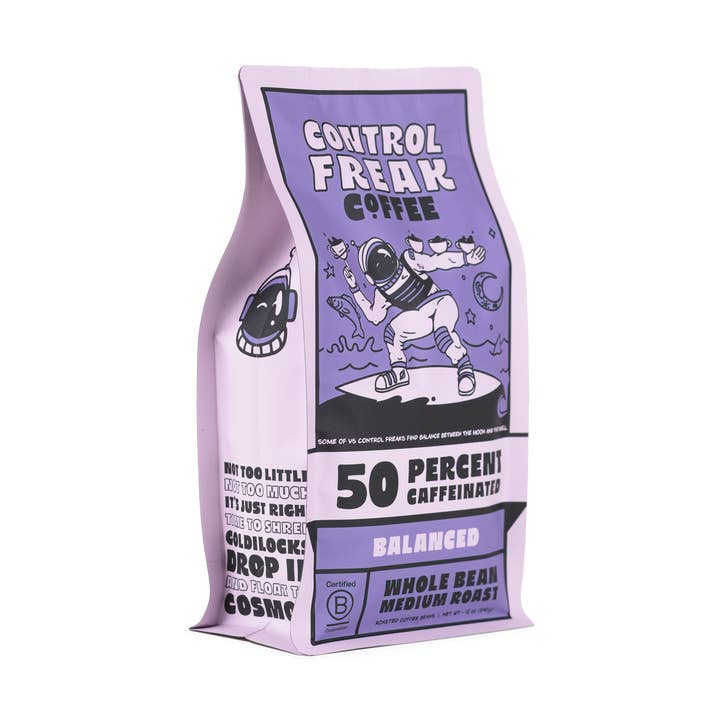 12 oz, Medium Roast, Whole Bean Coffee, 50% Caffeinated for wholesale by Control Freak Coffee