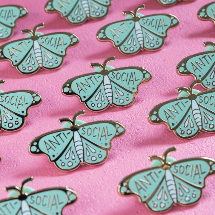 Anti-Social Butterfly Enamel Pin for wholesale by Chala's Creative