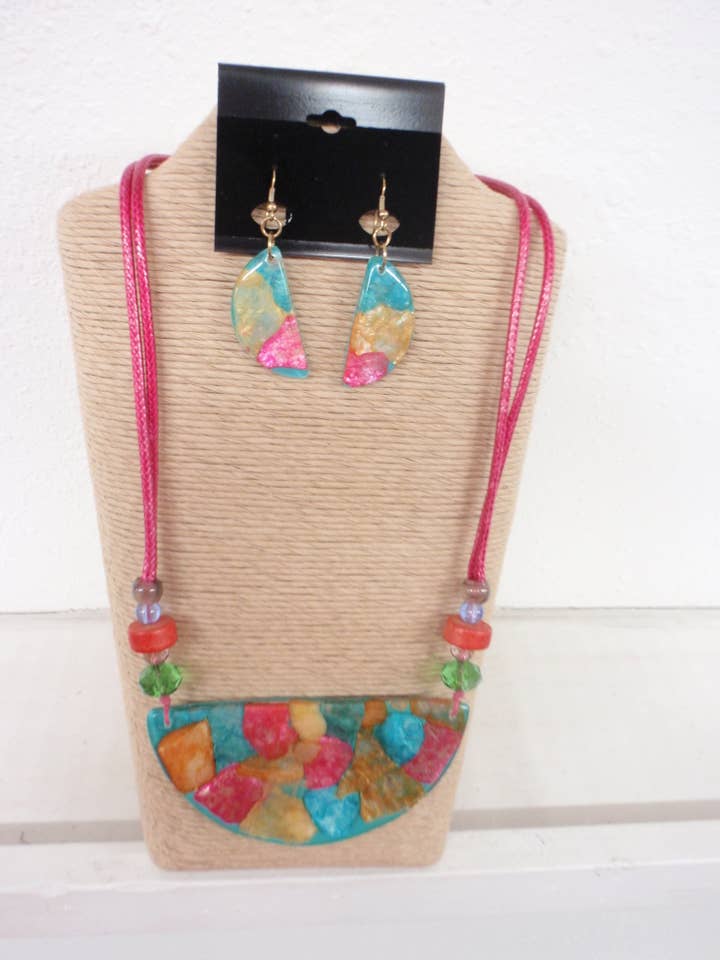 2 Strands Pink Cord Resin Half Moon Necklace Set 19312 for wholesale by International Duru's
