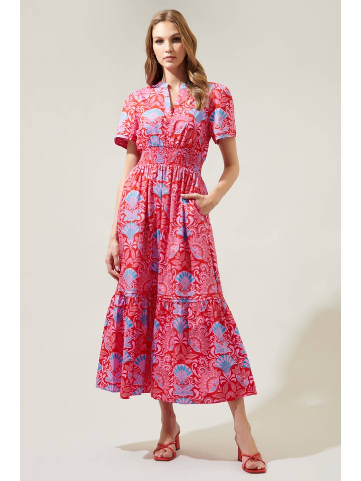 BLUE PINK RED Radiant Floral Belraj Poplin Maxi Dress for wholesale on Faire