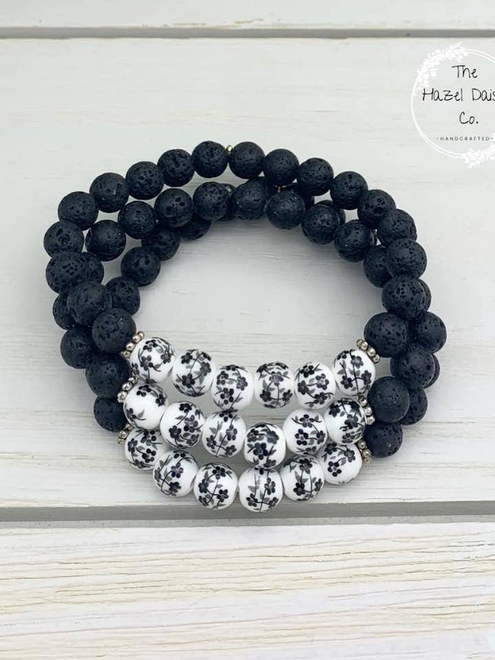 Black Floral Diffuser Bracelet for wholesale by The Hazel Daisy Co