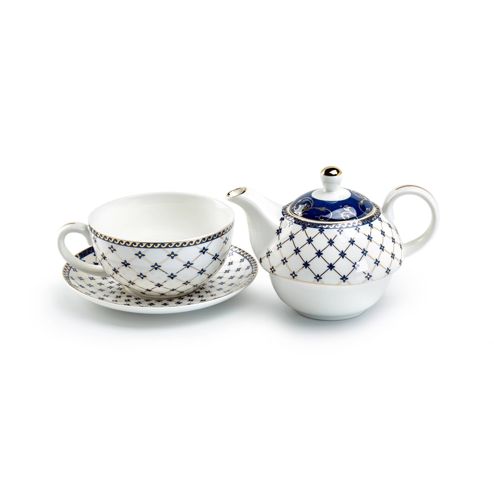 Grace Teaware - Vente Service à thé - Ensemble à thé pour une personne en porcelaine fine bleu treillis or1