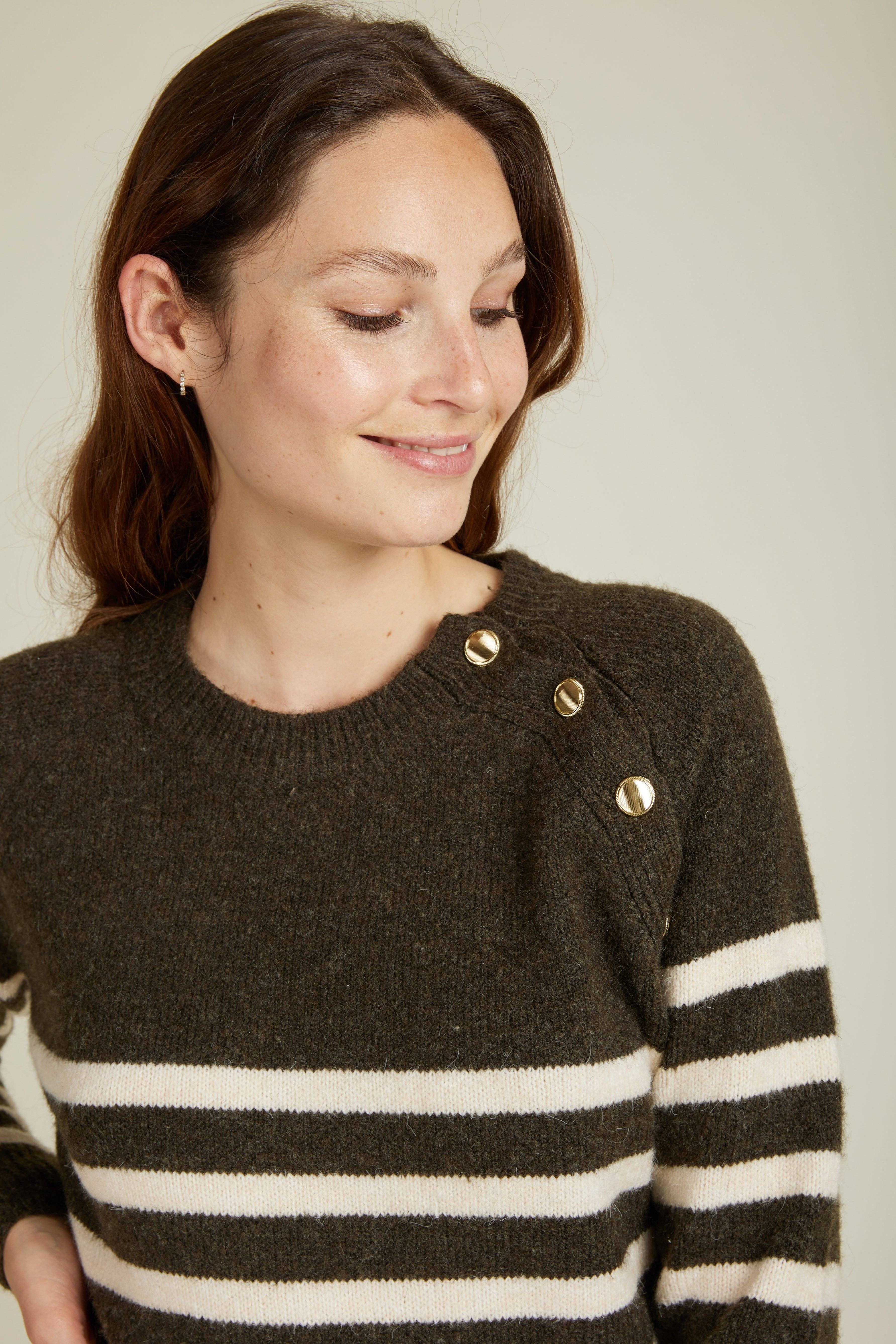 Andy & Lucy - Wholesale Dress - Women's - ARLENE - Mid-length sweater dress with stripes and gold buttons3