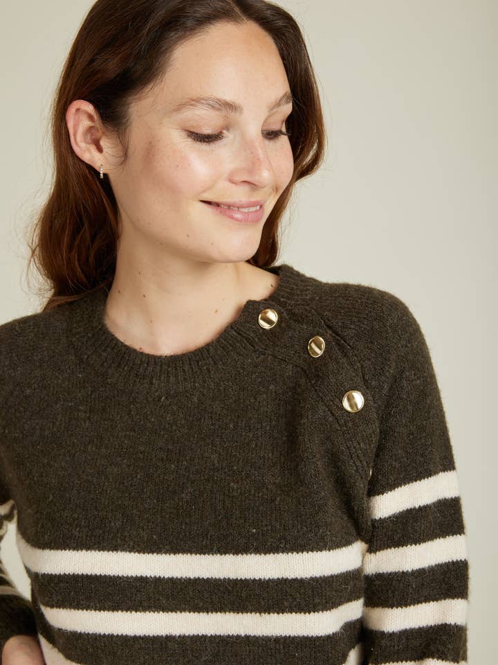 Andy & Lucy - Wholesale Dress - Women's - ARLENE - Mid-length sweater dress with stripes and gold buttons3