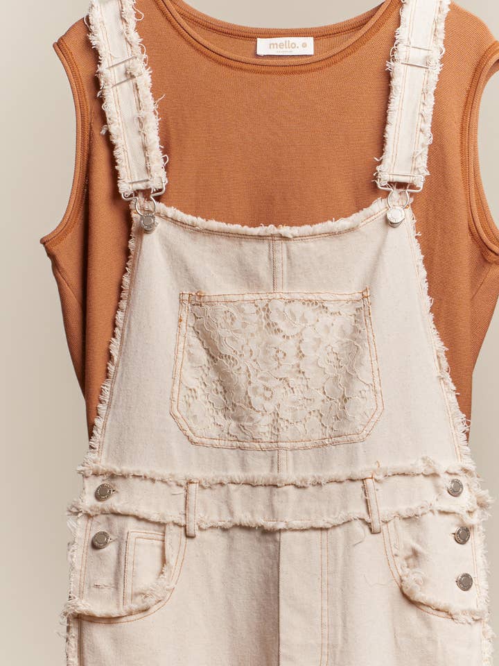 Ivory Washed Denim with Crochet Patchwork Overall for wholesale on Faire